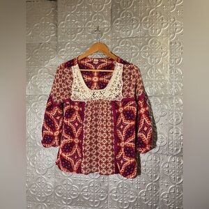 Bila Womens Paisley BOHO Blouse Top Red Purple Crochet 3/4 Sleeve Hippie trendy